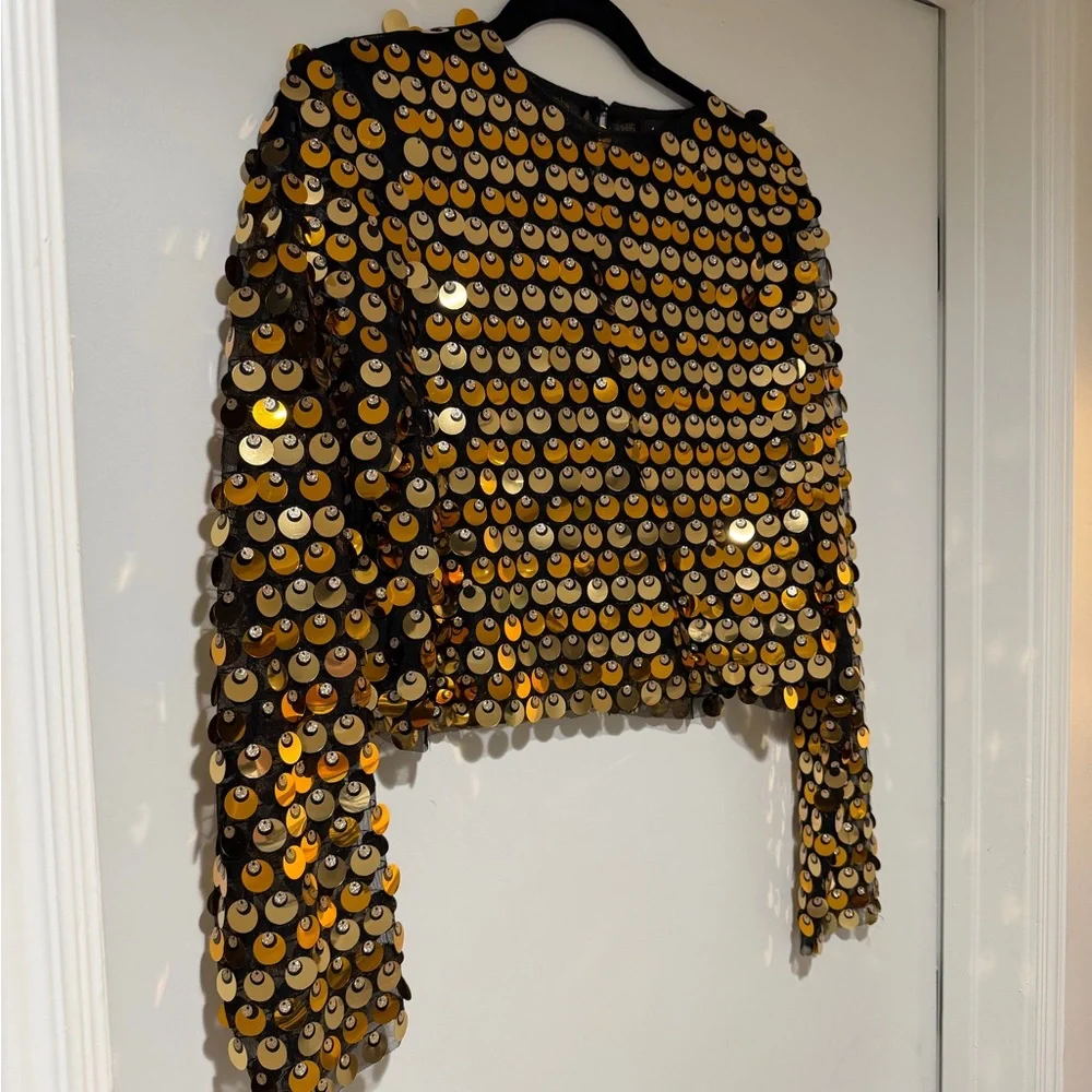 Line and Dot Gold Sequin Long Sleeve Crop Top Womens - Size L - Picture 1 of 6